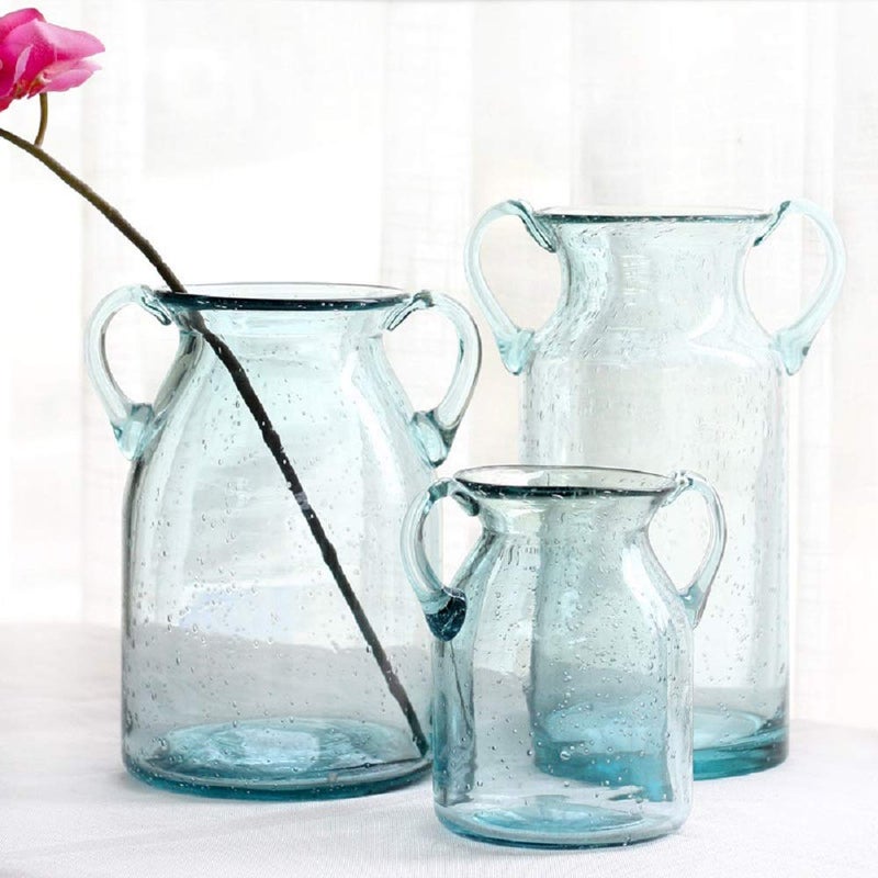 Sunkey Flower Vase Glass Elegant Double Ear Decorative Handmade Air Bubbles Bluish Color Glass Vase for Centerpiece Home Decor (Large) - Image 4